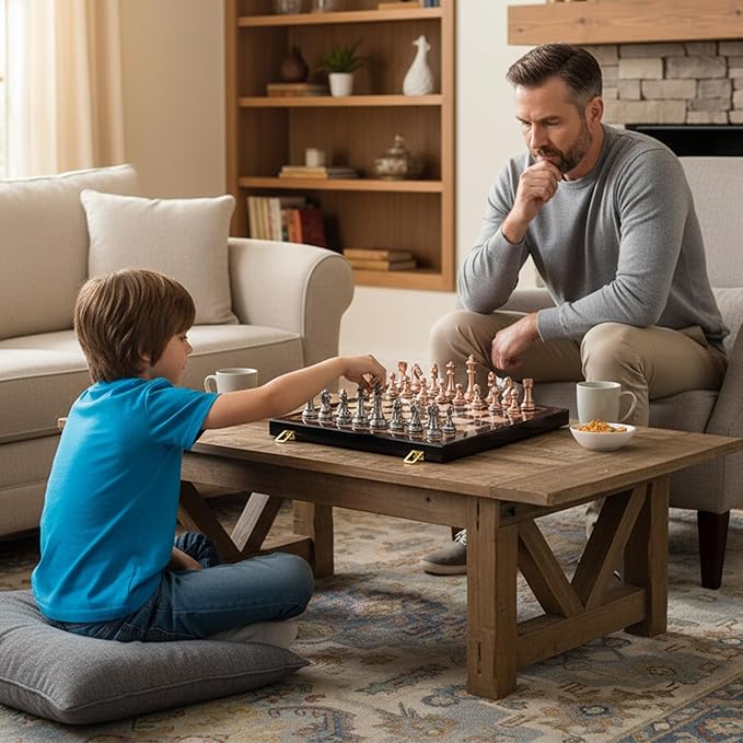 Ajedrez Luxury 15 Wooden Chess Set - Folding Board with Piano Finish | Weighted Metal Chess Pieces | Portable Travel Game for Adults &amp Kids | Premium Gift