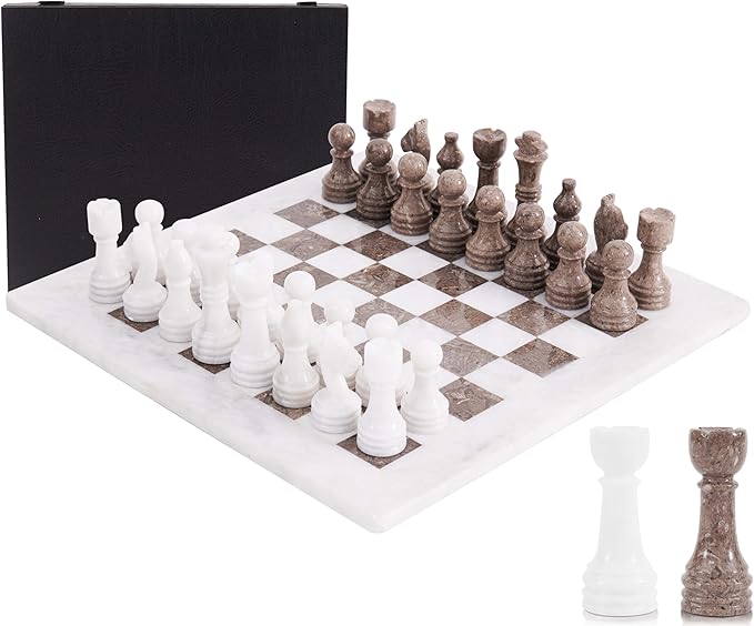Marble Chess Set for Adults 15 Handmade White &amp Oceanic Board Game with 32 Chess Pieces 2 Extra Queens &amp Storage Box Luxury Travel Game – Elegant Home Décor