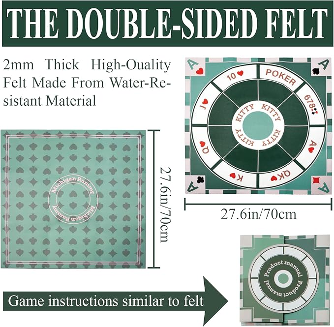 Extguds Michigan Rummy Deluxe Board Game Set: Felt Game Mat + 2Boxes of Playing Chips (200 Pieces)+1Deck of Poker+1Game Manual.The Perfect Blend of Rummy and Poker Perfect for Family Game Night