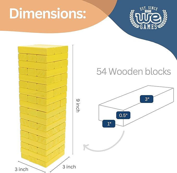 WE Games Wooden Block Stacking Party Game for Adults Tumble Tower Wedding Guest Book Alternative Tabletop Games Includes Storage Case 12 inches