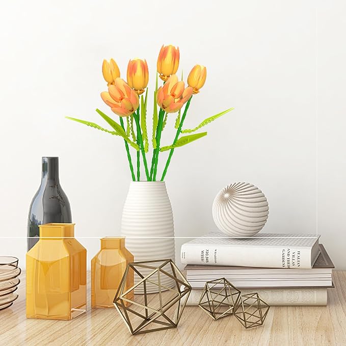 Flower Bouquet Building Toy Set Tulips Botanical Building Blocks for Adults Home Office Decor Orange Color