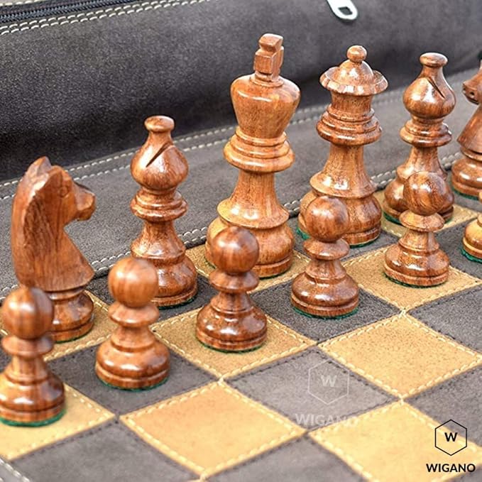 19X15 Genuine Leather Chess Set (Chess Size-12X12) - with 3 King Size Chess Pieces &amp Roll-Up Leather Chess Board (Brown(Suede))