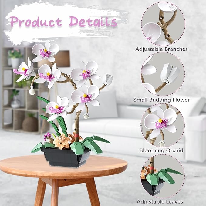 Orchid Flower Building Block Set Orchid Botanical Collection for Home &amp Office Decor Artificial Flowers Plant Gifts for Adults Valentine's Day Mothers Day Birthday 581pcs