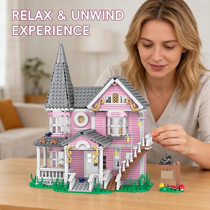 Pink Palace Apartment Building Set Halloween Haunted House Blocks Detailed Castle House Model with Classic European Style Detailed Interior