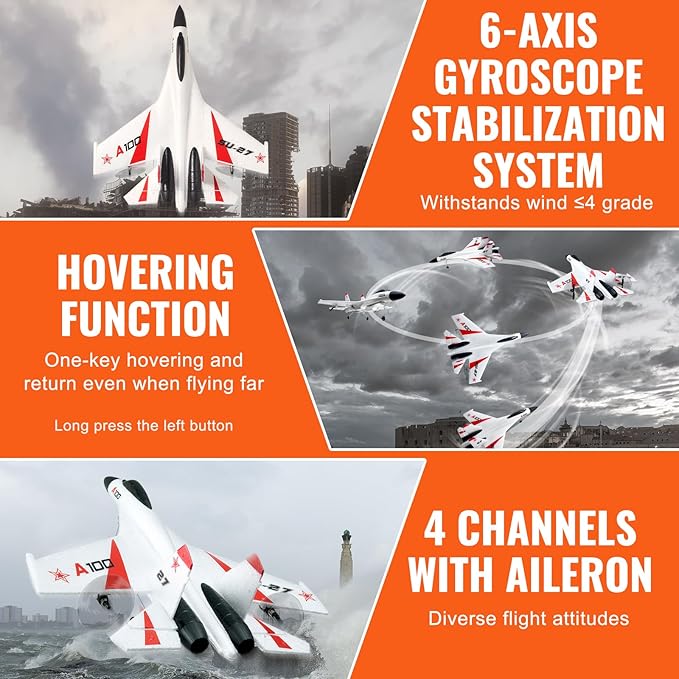 VEVOR RC Plane 2.4GHZ 4 Channel RC Airplane with 6-Axis Gyro Stabilizer&amp2 Batteries Ready to Fly SU-27 Fighter Aircraft Plane Toy for Adults Kids Beginners Boys Birthday/Xmas Child Gift