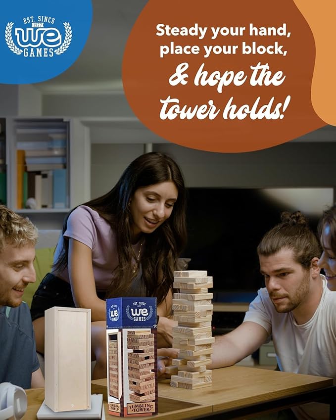 WE Games Wooden Block Stacking Party Game for Adults Tumble Tower Wedding Guest Book Alternative Tabletop Games Includes Storage Case 12 inches