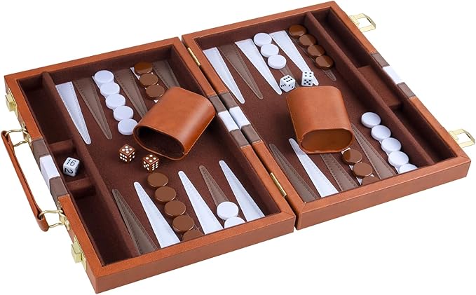 Backgammon Set 2 Players Classic Backgammon Sets for Adults Board Game with PU Leather Case Portable and Travel Backgammon Set (Brown 11inch)