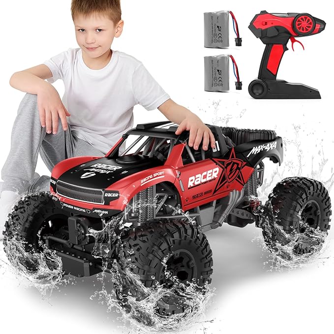 RC Trucks 4x4 Offroad Waterproof - 1:12 Scale Large Amphibious Remote Control Car Dual Motors Crawler Vehicle Monster Truck Toys with 2 Rechargeable Batteries Best Gift for Kids Adults