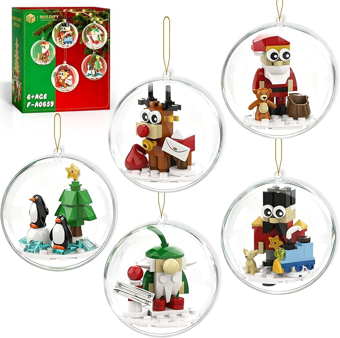 Christmas Tree Ornaments Building Blocks Christmas 2025 Christmas Decorations Ball Toys Included Santa Reindeer Nutcracker Gnome Penguin Xmas Ornaments for Indoor Outdoor 5packs
