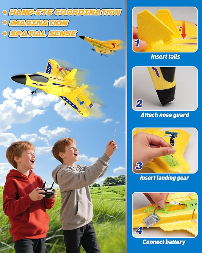 RC Plane F22 RC Airplane 2. 4GHz Foam Remote Control Airplane with Gyro Stabilizer/LED Light/2 Rechargeable Batteries Easy to Fly RC Glider Jet Toy for Kids Boys Adults Beginners (Yellow)