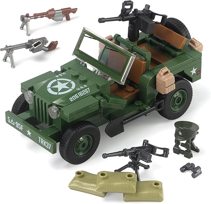 Feleph WW2 Military Vehicles Weapons Pack 282 Pieces US Army Building Block Toy Set WWII Car Tricycle Gear Helmets Vests Tools Bricks Model Compatible with Soldier Figures for Ages 6 and Up