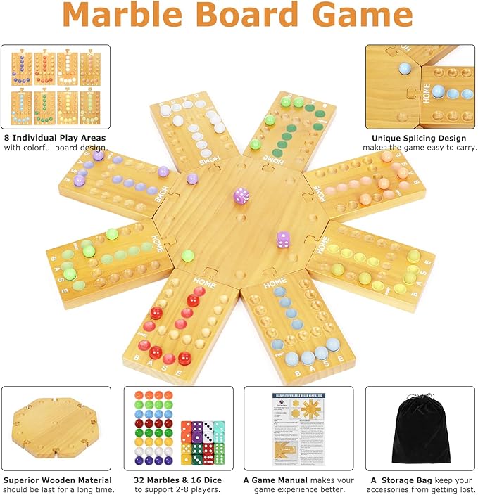 Marble Board GameWooden Board Game for 6-8 PlayersPortable Design Marble Game with 32 Marbles 16 Dice Family Game Night Gift for Kids &amp Adults