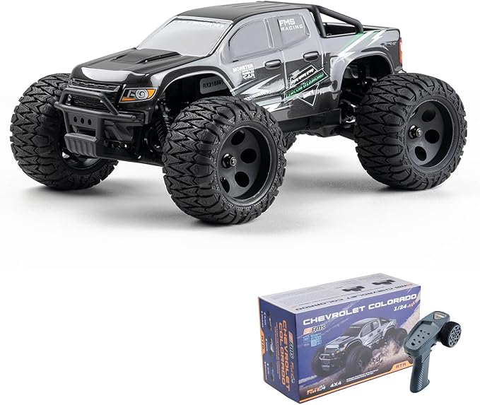 FMS FMT24 1/24 Chevrolet Colorado Brushed RC Truck RTR Basher RC Cars 4X4 Off-Road Hobby Grade Waterproof 2-Speed Switch RC Crawler with 370 Motor for Adults (Black)