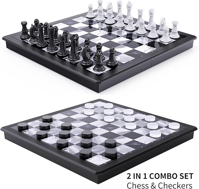 2-in-1 Chess Set and Magnetic Checkers Set - Foldable 13-inch Travel Board Game Durable Plastic Puzzle and Strategy Toys for Kids and Adults