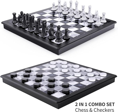2-in-1 Chess Set and Magnetic Checkers Set - Foldable 13-inch Travel Board Game Durable Plastic Puzzle and Strategy Toys for Kids and Adults