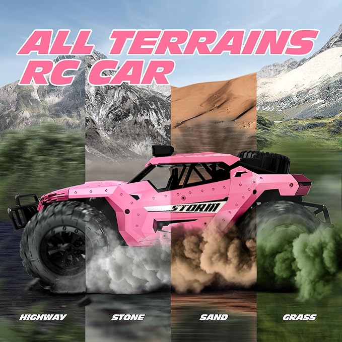 Tecnock Pink RC Car 1/16 Scale Remote Control Car for Girls High Speed 20 Km/h All Terrains Rc Monster Truck with Two Rechargeable Batteries &amp Head Chassis Lights Gift Toy for Kids Adults