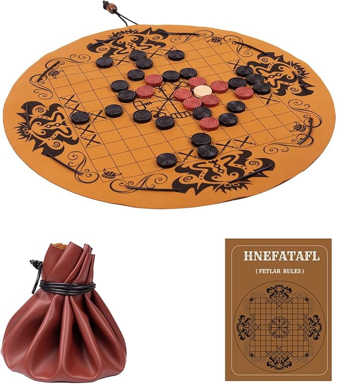Hnefatafl- Viking Chess SetTraditional Two-Player Board Strategy GameLeather Play MatWooden Chess PiecesDrawstring DesignEasy for Store &amp TravelGreat Gift for Vintage Game Lovers