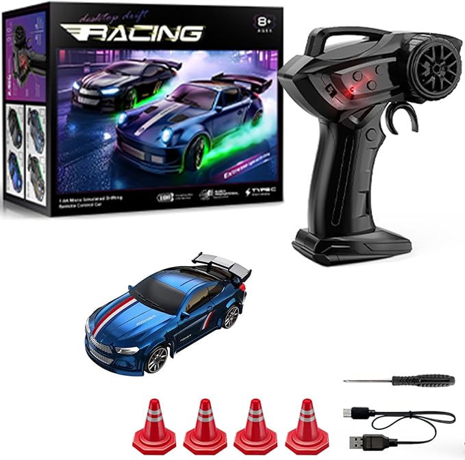 1:64 Scale Mini RC Drift Car with Gyro Full Proportional RTR 2.4Ghz Remote Control with RGB Lights (04-Blue)