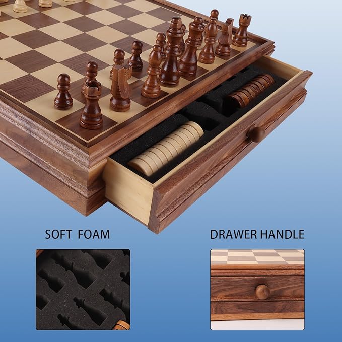 GSE Games &amp Sports Expert 15 Large Wooden 2-in-1 Chess &amp Checkers Board Game Combo Set with Drawer Board Games Chess Checker Set for Kids &amp Adults