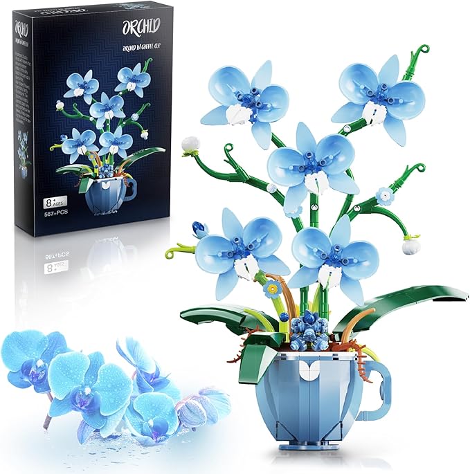 Blue Orchid Flower Building Set with Vase for Adults Compatible with Lego Botanical Flowers 567pcs Ideas Plant Collection Toys for Home and Office Decor Gifts for Christmas Mother's Day