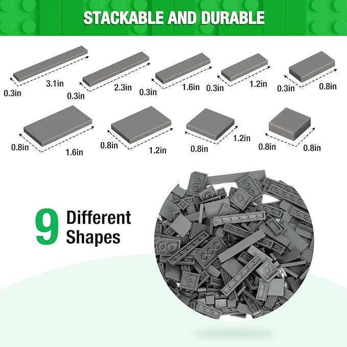 1200 Pieces Flat Pieces 9 Sizes Classic Moc Parts and Pieces Tiles Expansion Set - Compatible with All Major Brands Building Bricks Bulks for Smooth Surface Dark Grey