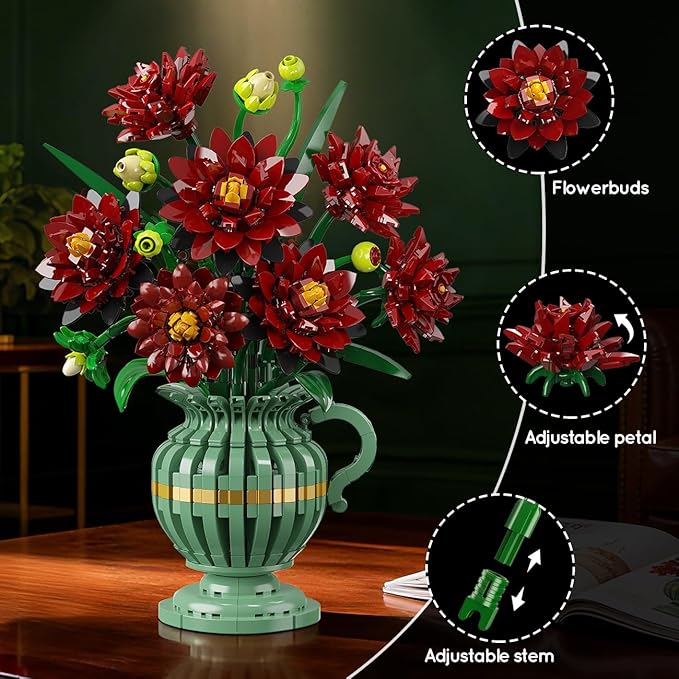 Dahlia Flowers Building Set with Vase Easter Flower Bouquet Botanical Collection Building Block Toy 1482 PCS Gothic Artificial Plant Bonsai Kit Gift for Her Adults Kids Girls 12+