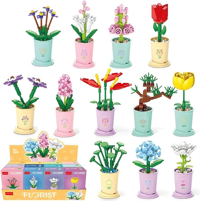 Liberty Imports 12 Pack Mini Flower Botanical Building Block Collection Creative Flower Plant Toy Set for Kids Home or Office Colorful Decorations