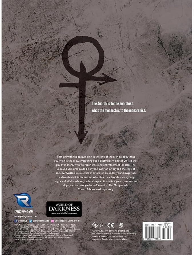 Renegade Game Studios Modiphius Vampire: The Masquerade 5e Anarch Hardcover Supplement Book