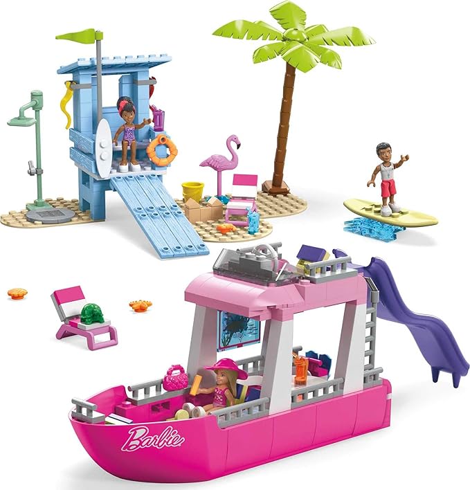 MEGA Barbie Kids Building Toy Set Malibu Dream Boat with 317 Pieces 2 Micro-Dolls and Accessories Pink Ages 6+ Years