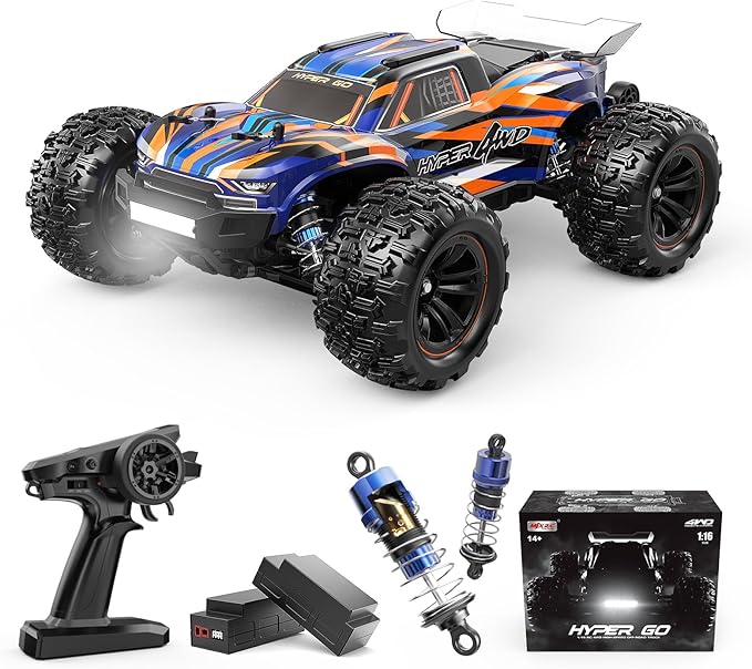 HYPER GO H16DR 1:16 Scale Ready to Run Fast Remote Control Car High Speed Jump RC Monster Truck Off Road RC Cars 4WD All Terrain RTR RC Truck with 2 LiPo Batteries for Boys and Adults