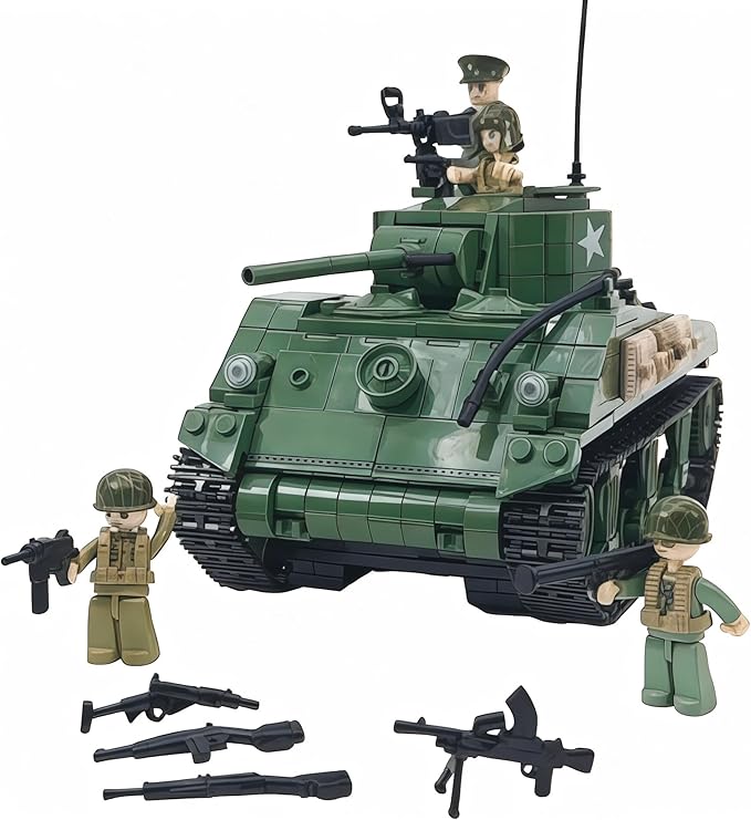 General Jim's WWII M4A1 Sherman Tank Brick Building Blocks Set 726 Pieces 1:29 Scale Rotating Turret Moving Tracks Compatible with Major Brands GJ-USSH