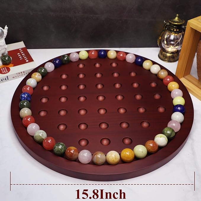 HOROW 15.7 Inches Large Marble Solitaire Board Game Wooden Classic Natural Stone Marbles Solitaire Game Set Containing 36 Colored Natural Stone Marbles Strategy and Smart Games (Red Peach Color)