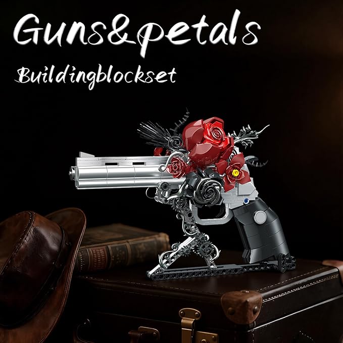 Guns &amp Petals Decorative Revolver Building Blocks with Red Roses Gothic Rose Revolver Building Kit Gothic Style Display Piece Creative Gift for Adults Teens 631 PCS