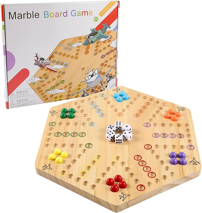 Original Marble Game Wahoo Board Game Double Sided Painted Wooden Fast Track Board Game for Friends and Party 6 and 4 Players 6 Colors 24 Marbles 6 Dice