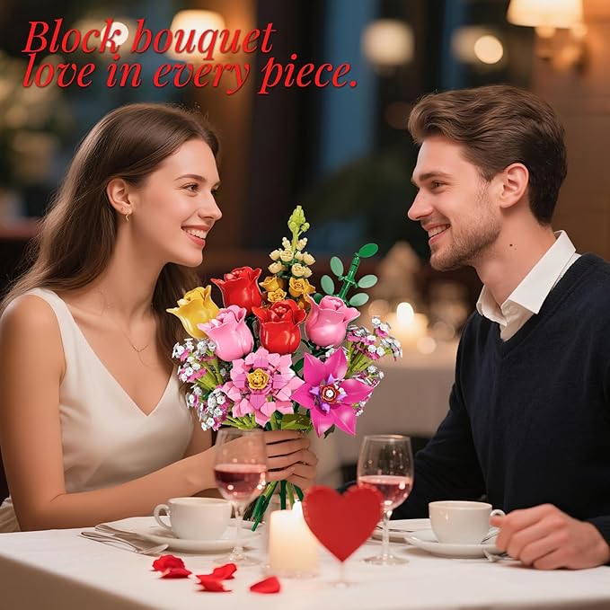 Flowers Bouquet Building Set Pink Roses Flores Set for Adults 765 PCS Botanical Collection Building Block Toy Home Decor Gifts for Valentine's Day Birthday Artificial Flowers for Women Kids 6+