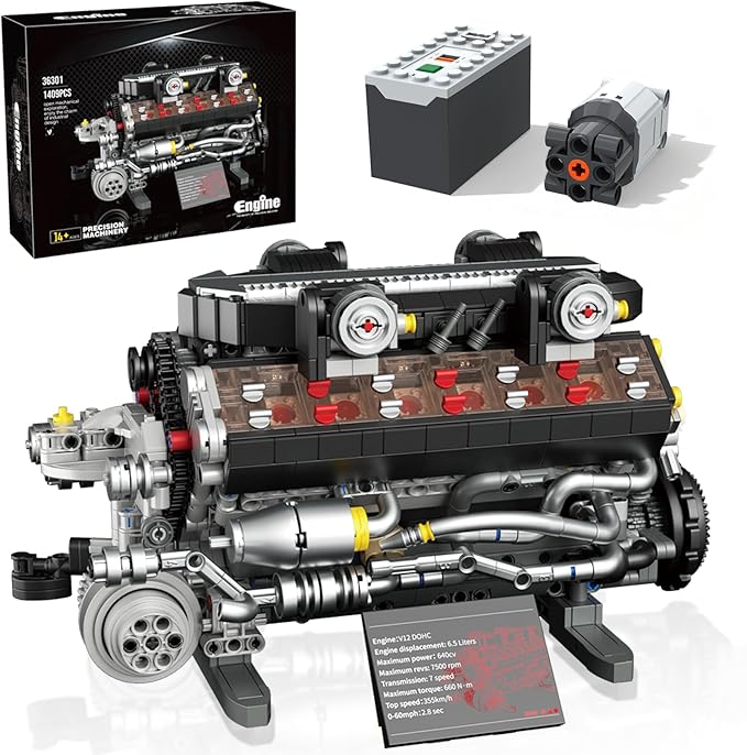 V12 Engine Building Set for Adults and Teens 14+ 1409 PCS Motorized Mechanical Engineering Model Kit That Runs MOC Engine Toy with Battery Box and Motor Compatible with Lego STEM Gift for Men