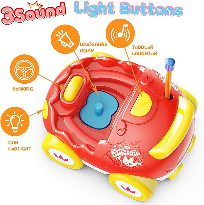 2 Pack Dinosaur Remote Control Cars Toys for Kids 2 3 4 5 Years Old Easter Present Birthday Gifts for Boys and Girls Ages 2-5 Dino Race Car Toddlers Toys with Music and Light(Red Blue)