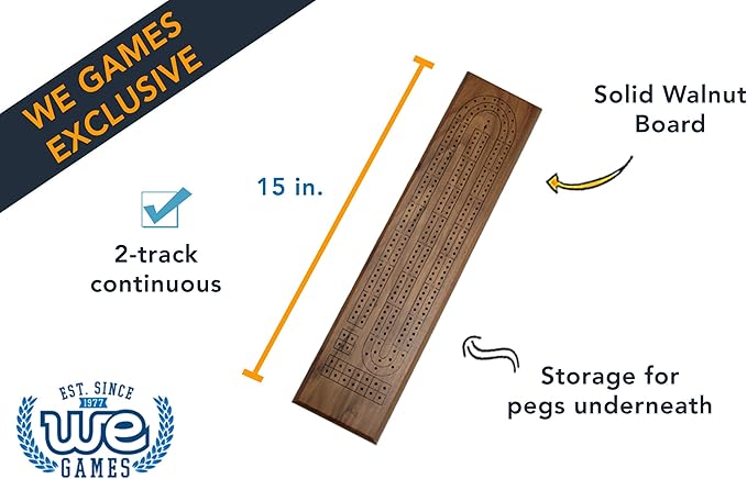 WE Games Deluxe Cribbage Set - Solid Walnut Wood Continuous 2 Track Board with Easy Grip Pegs Cards &amp Storage Bag