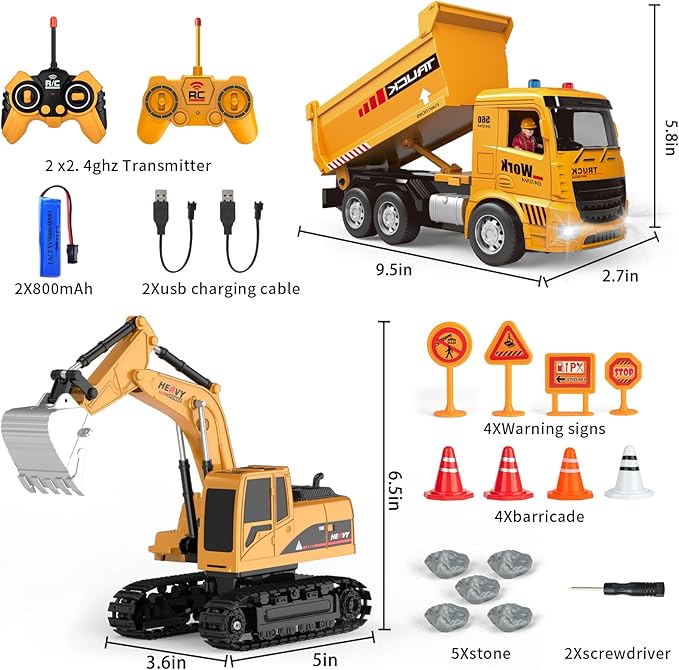 Remote Control Excavator and Dump Truck Toy Set - RC Construction Vehicles Toy with Barricades Road Signs Simulated Rocks Lights and Sounds Birthday Gifts for Toddlers 3-12 year Boys Girls