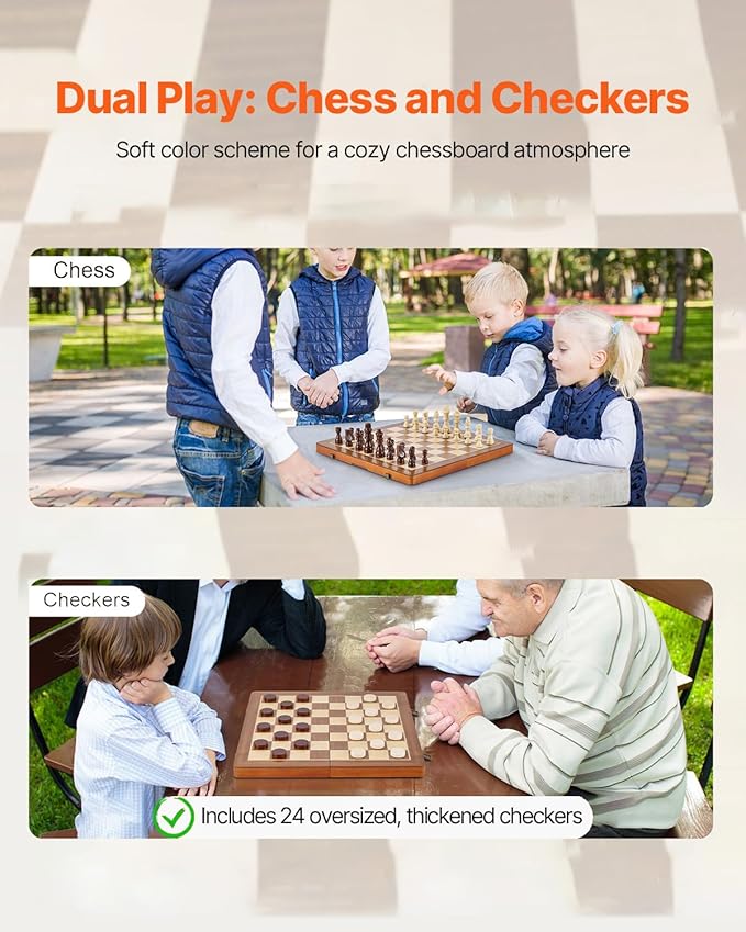 VEVOR 15-inch Magnetic Wooden Chess Set 2-in-1 Folding Chess and Checkers Game for Adults and Kids Portable Travel Chess Set with 2 Queens Ideal for Tournaments Professionals and Beginners