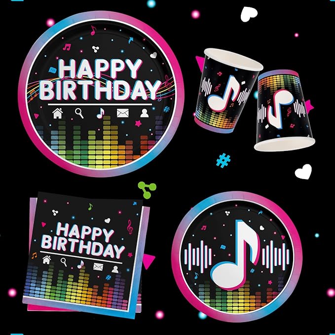 Music Party Supplies Disposable Paper Plates Napkins Cups Tablecloth and Banner for Girls Boys Music Party Birthday Decorations Serve 25.