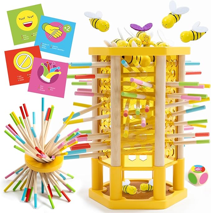 Nene Toys BeeFall Jumbo 4-in-1 Wooden Honey Bee Toy for Kids Ages 3-9 - Educational Game with Wooden Honeybee Hive 12 Bees Colorful Sticks Dice &amp Cards - Fun Family Game for Cognitive Developm