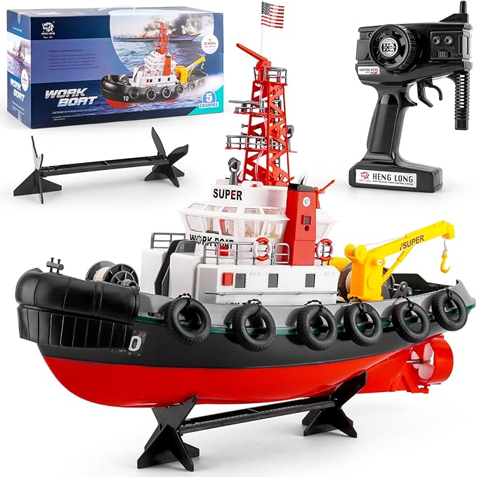 RC Boat HengLong 2.4GHZ US Fire Rescure Boat Remote Control FireBoat Water Spray with 2 Rechargeable Batteries Swimming Pool Lake for Age 14+