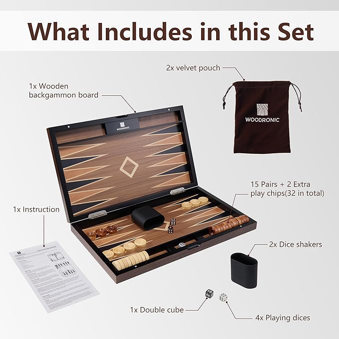 Wooden Backgammon Set for Adults – 19 Inch Classic Board Game Case - Premium Folding Backgammon Set with Wooded Playing Pieces Dices - Large Wood Inlaid Travel Backgammon Game Set for 2 Players