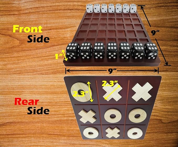 Dice Battle and TicTacToe Dual Sides Board Games Wooden Coffee Table Games for Adults 2 Player Best Bar Dice Games Indoor Tabletop Game &amp 2 Players Wood Table Top Dice Game (Dual(2)/Brown)