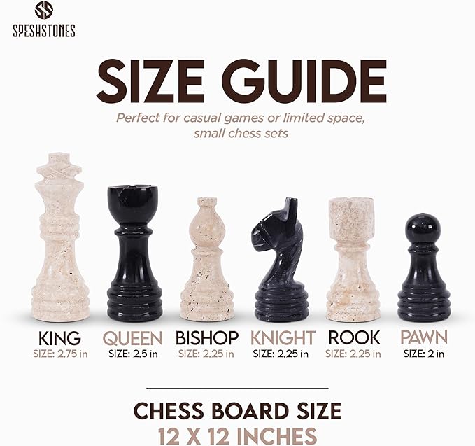 Marble Chess Set for Adults 12 Inch Handmade Travertine and Black Board Game with Storage Box Travel Chess Set for Tabletop with Pieces &amp 2 Extra Queens Gifts &amp Home Décor