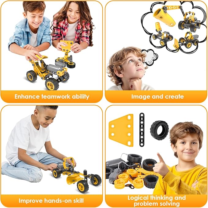 10 in 1 Kids STEM Building Toys Electric Building Blocks Toys Set for 5 6 7 8+ Year Old Boy Educational STEM Learning Construction Excavator Kit for Kids Age 4-8 5-7 6-8 8-10