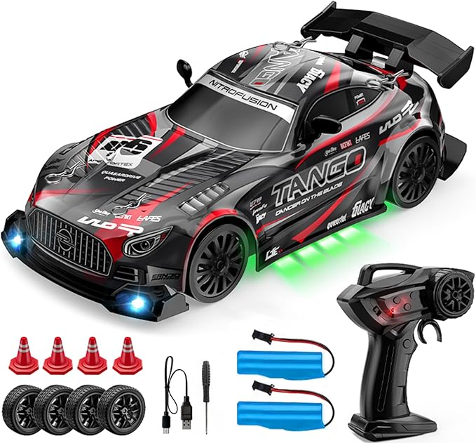 1:24 Scale RC Drift Car 4WD 2.4GHz High Speed Racing Sport Toy Car with LED Lights Racing and Drift Wheels (E82-Black)