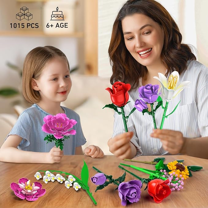 Flower Bouquet Building Set Easter 18 Flowers Rose Building Block Botanical Collection Building Block Toy Plant Home Decor 1015 PCS Gift for Her Adults Women Kids Boys Girls 12+