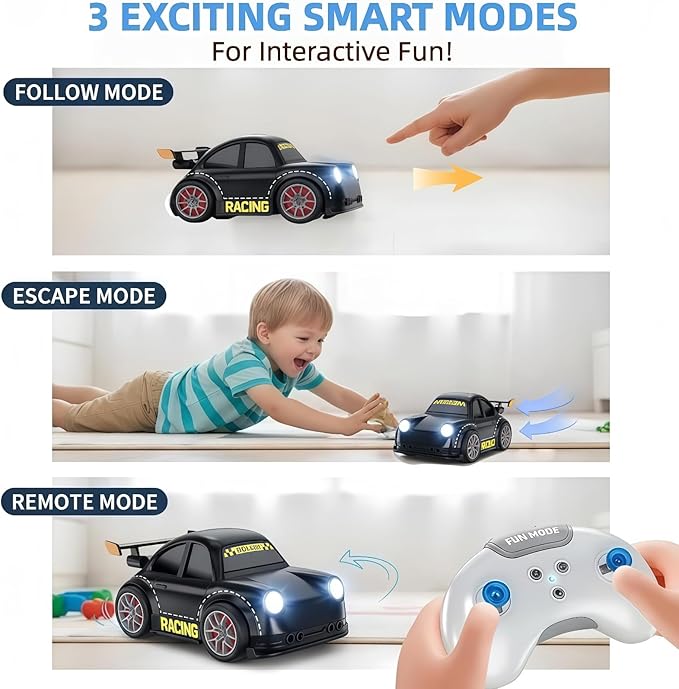 3-in-1 Smart RC Car with Follow &amp Escape Modes 360° Stunt Drift Voice/Light Effects and Pet Play Mode 4WD Remote Control Car Toy for Kids and Cat Dogs (White)